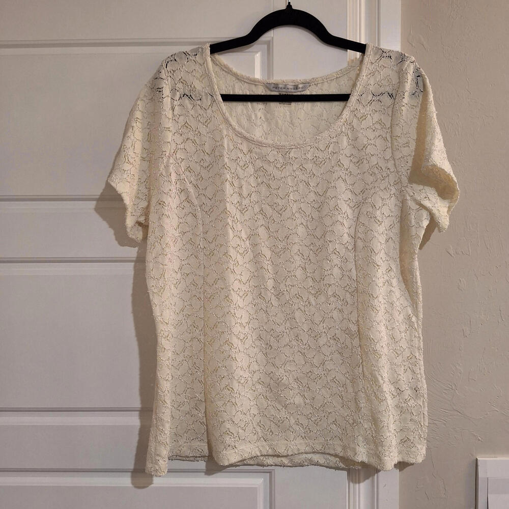 Peter Nygard 1X White Lace Top Sheer Short Sleeve Coquette Bridal Regencycore 1X